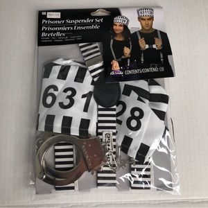 Fun World Prisoner Costume One Size Hat Handcuffs Suspenders Halloween B&W NWT